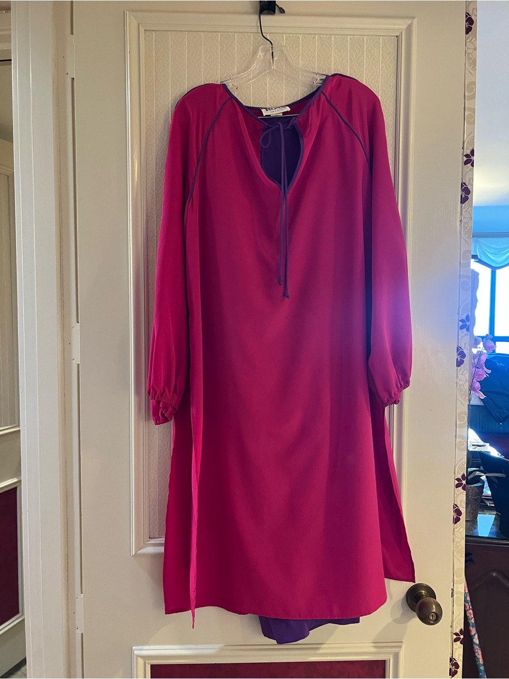 Long Sleeve Tie-Neck Fuchsia Shift Dress